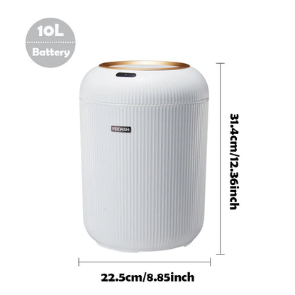 White air purifier with dimensions and capacity details on a white background